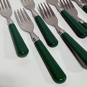 Set 8 Vintage Gibson Stainless Steel Green Handle Christmas Charm Salad Forks
